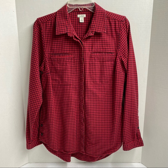 L.L. Bean women's button down Size small long sleeve red & black checked cotton - Picture 1 of 13